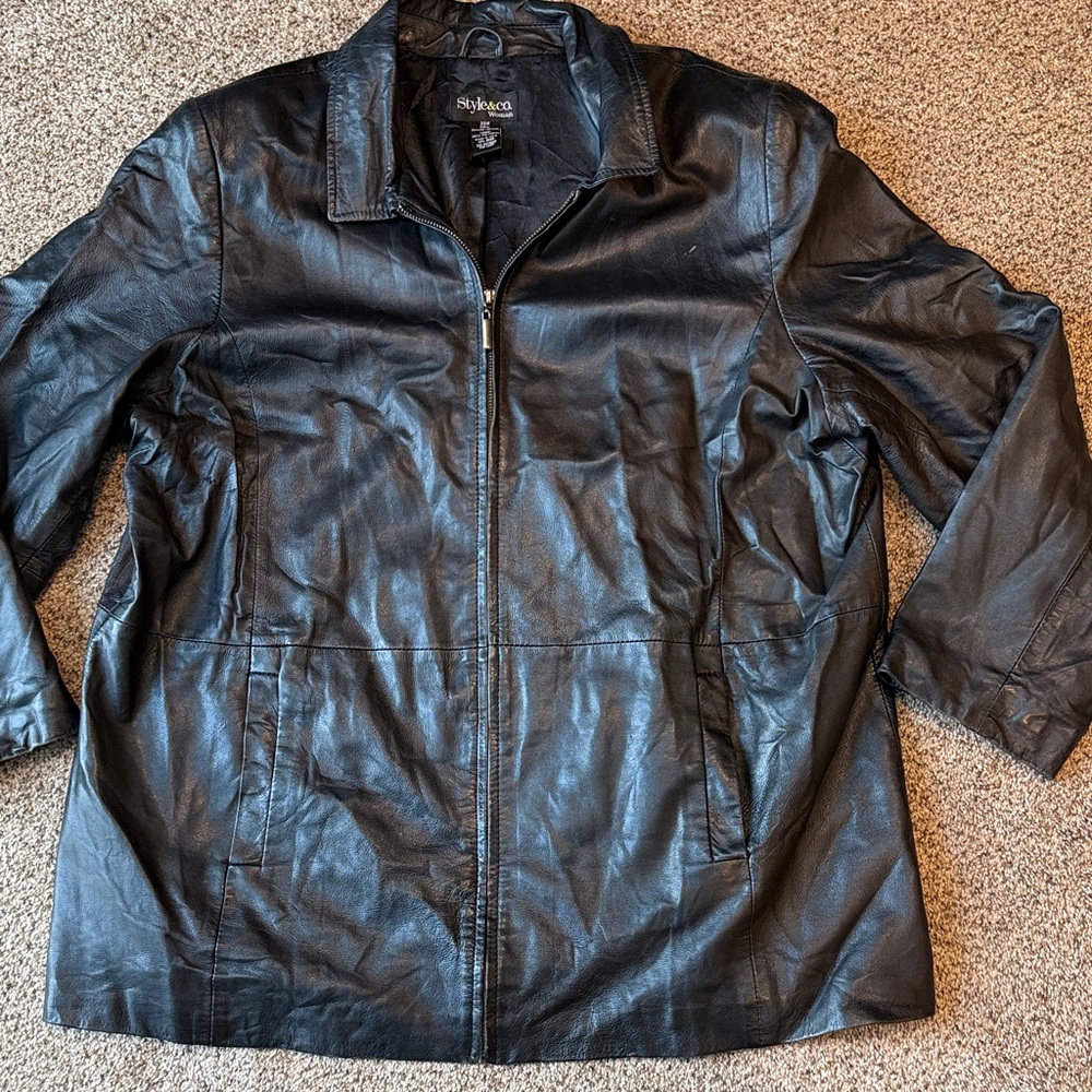 Style & Co | Black Faux Leather Jacket w/ Zipper & Pocket